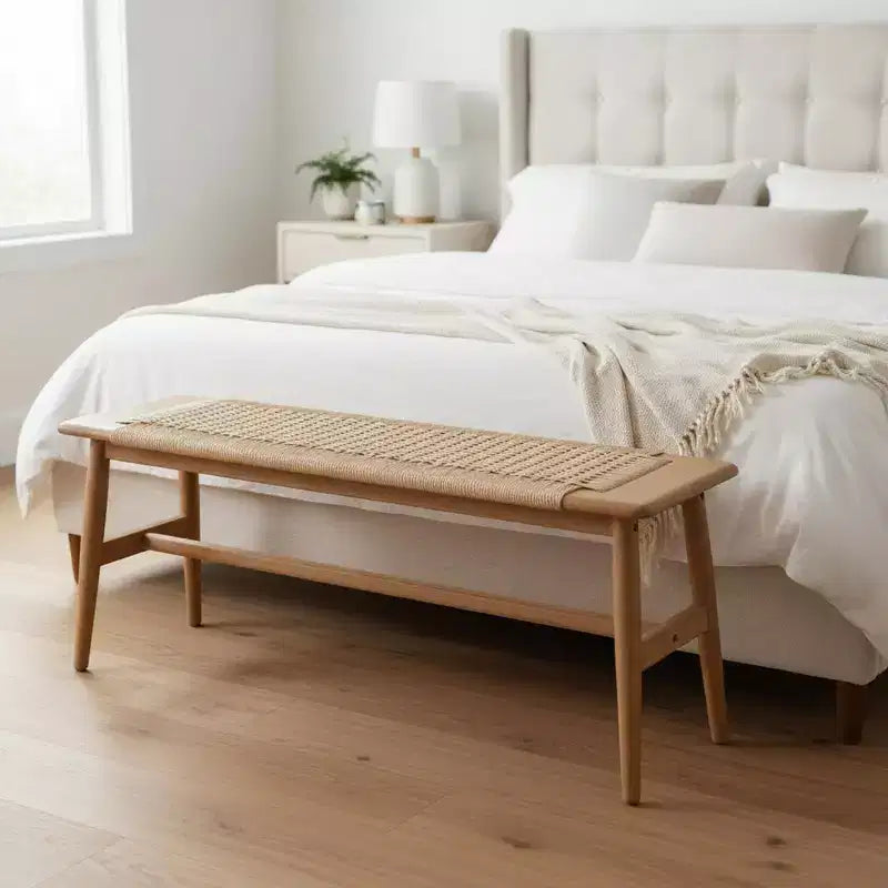 Banc en bois à assise tressée pour entrée, chambre à coucher et zones de sièges légers