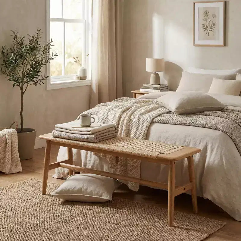 Banc en bois à assise tressée pour entrée, chambre à coucher et zones de sièges légers
