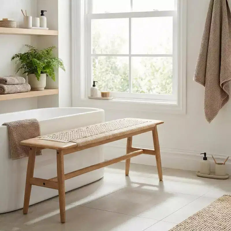 Banc en bois à assise tressée pour entrée, chambre à coucher et zones de sièges légers