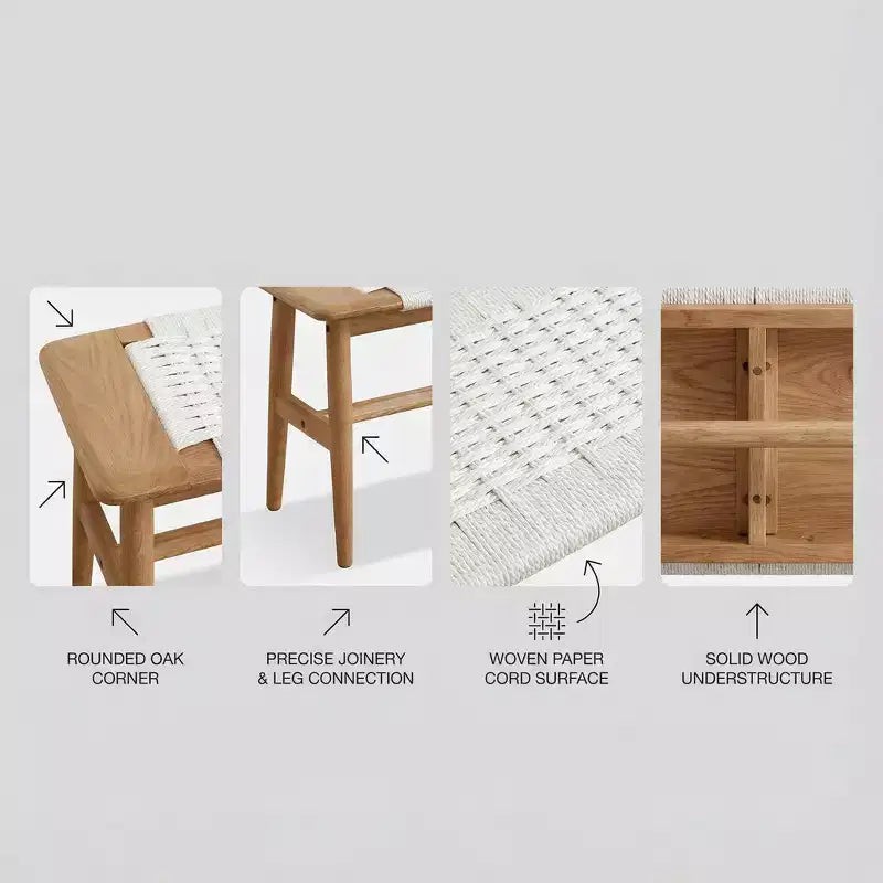 Banc en bois à assise tressée pour entrée, chambre à coucher et zones de sièges légers