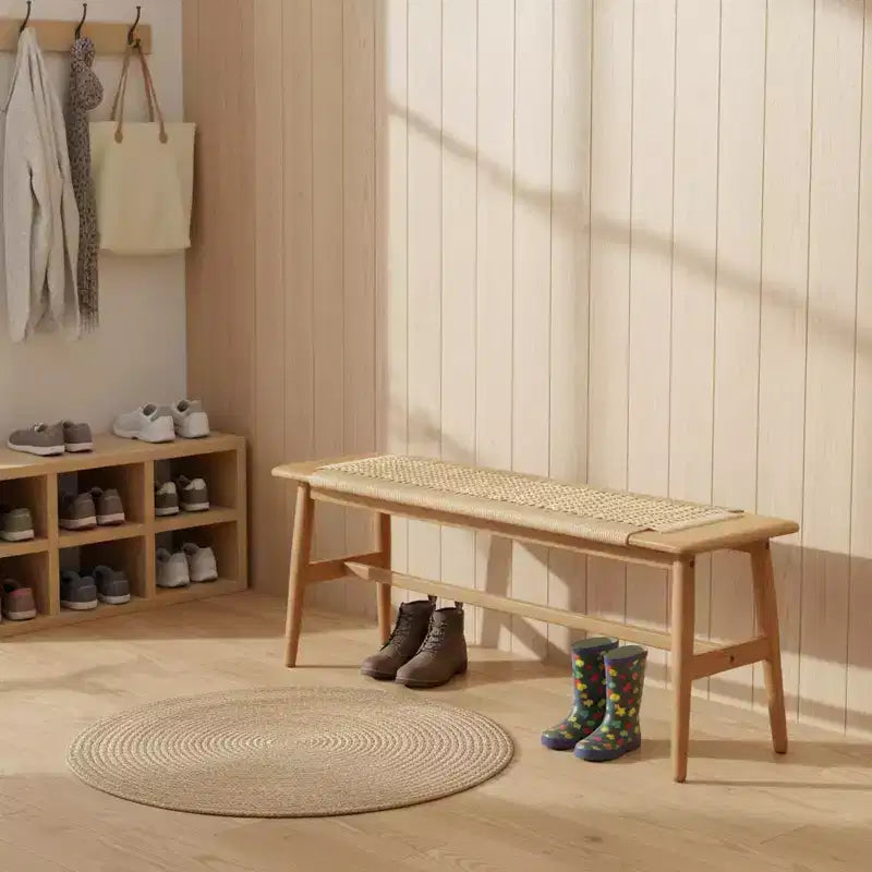 Banc en bois à assise tressée pour entrée, chambre à coucher et zones de sièges légers