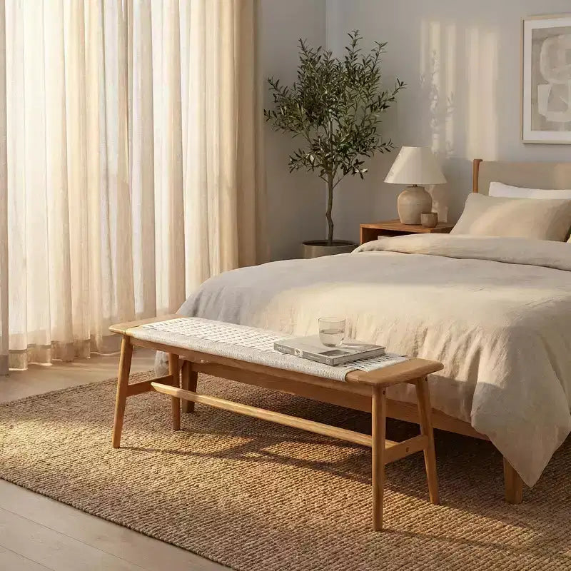 Banc en bois à assise tressée pour entrée, chambre à coucher et zones de sièges légers