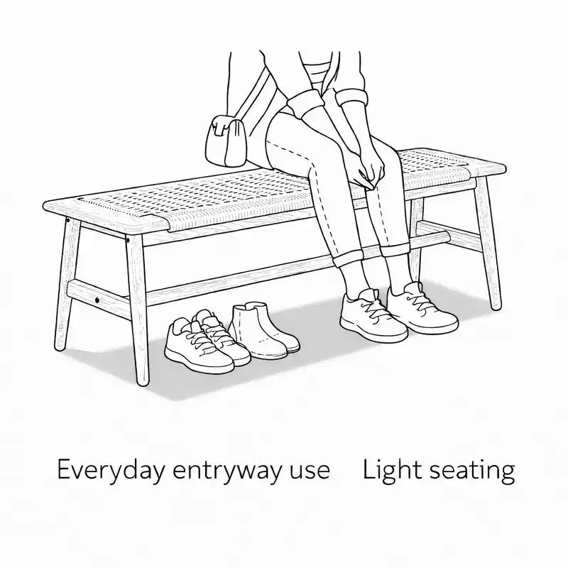 Banc en bois à assise tressée pour entrée, chambre à coucher et zones de sièges légers