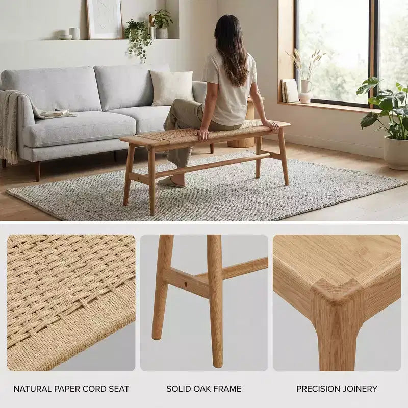 Banc en bois à assise tressée pour entrée, chambre à coucher et zones de sièges légers