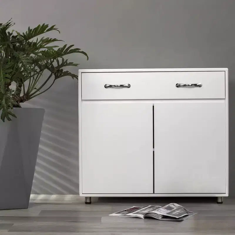 MAYEERTY White Two-Door Side Table Cabinet, Sturdy Storage End Table with Hidden Organizer for Bedroom Office