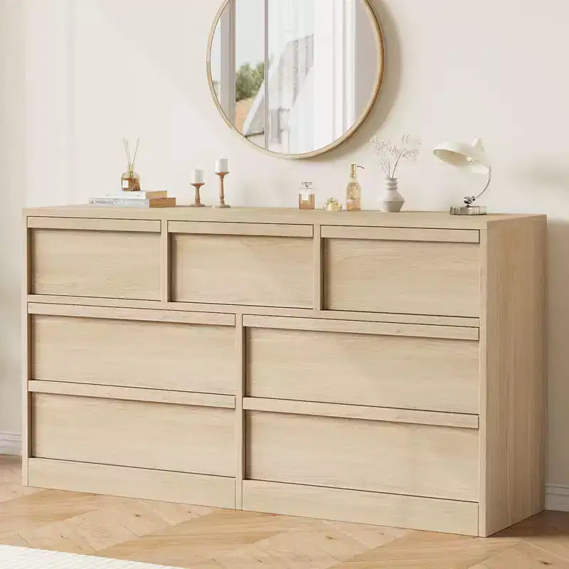 7 Drawer Dresser for Bedroom, Wide Natural Oak 7 Chest of Drawers with Large Storage, Wooden Dresser Organizer