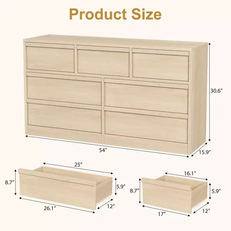 Commode 7 tiroirs pour chambre à coucher, Grande commode 7 tiroirs en chêne naturel avec grand espace de rangement, Organisateur de commode en bois