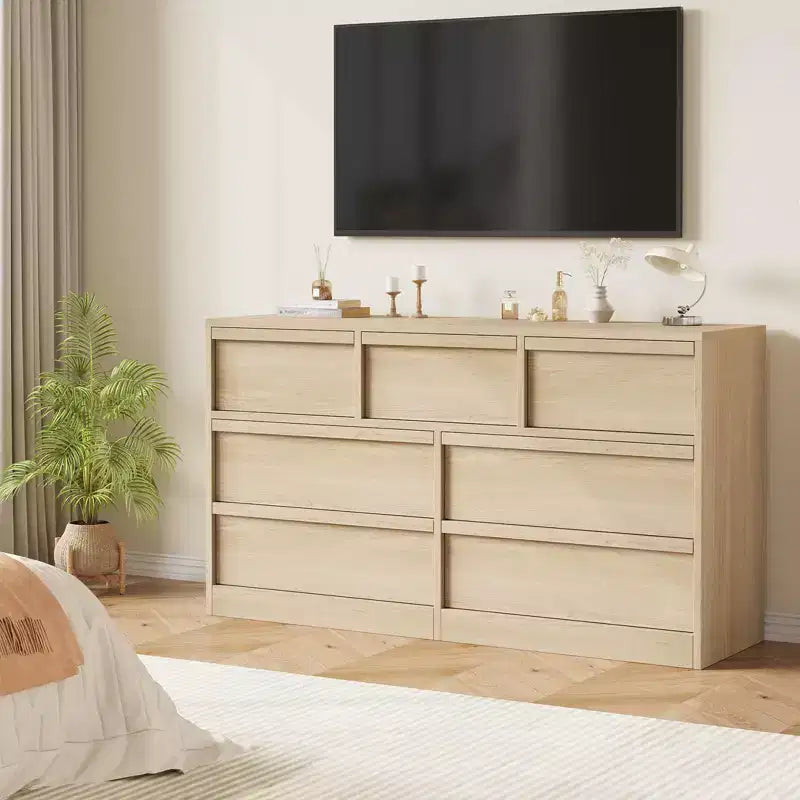 Commode 7 tiroirs pour chambre à coucher, Grande commode 7 tiroirs en chêne naturel avec grand espace de rangement, Organisateur de commode en bois