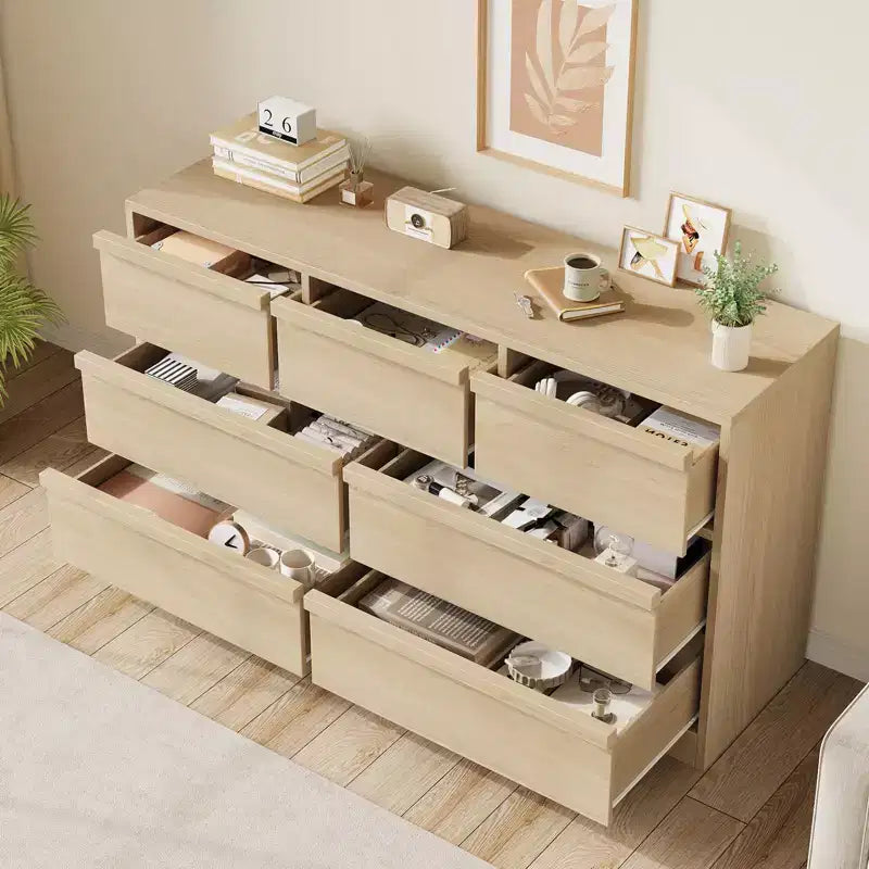 Commode 7 tiroirs pour chambre à coucher, Grande commode 7 tiroirs en chêne naturel avec grand espace de rangement, Organisateur de commode en bois