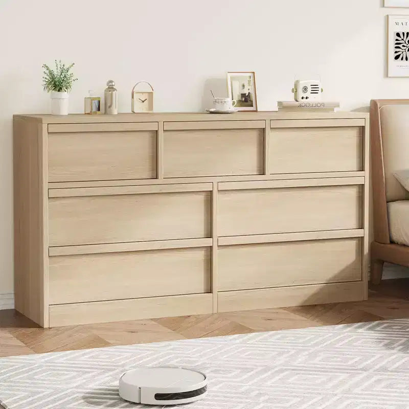Commode 7 tiroirs pour chambre à coucher, Grande commode 7 tiroirs en chêne naturel avec grand espace de rangement, Organisateur de commode en bois