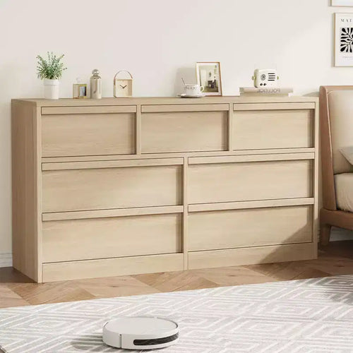 Commode 7 tiroirs pour chambre à coucher, Grande commode 7 tiroirs en chêne naturel avec grand espace de rangement, Organisateur de commode en bois