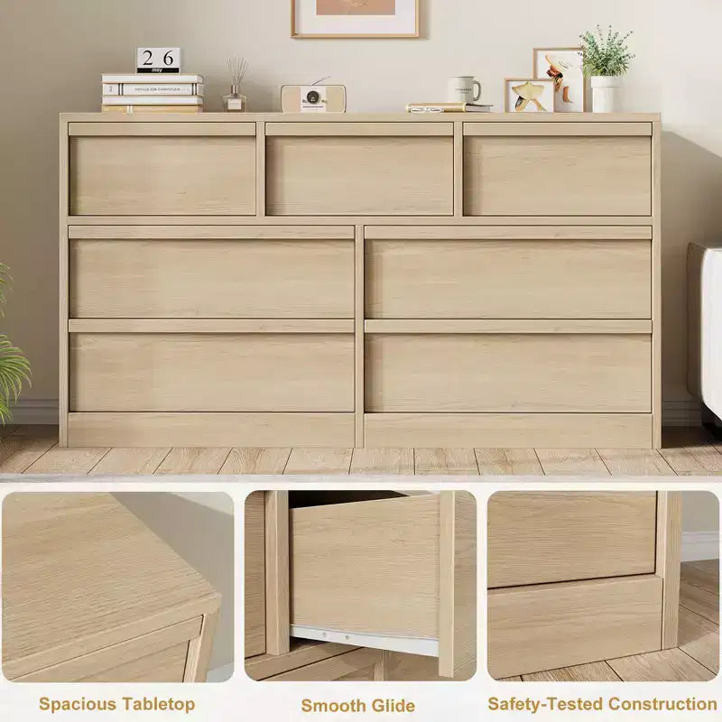 Commode 7 tiroirs pour chambre à coucher, Grande commode 7 tiroirs en chêne naturel avec grand espace de rangement, Organisateur de commode en bois
