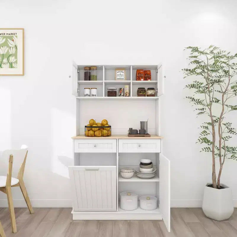 Meuble de cuisine poubelle blanc de 172 cm avec 3 étagères réglables et 2 tiroirs