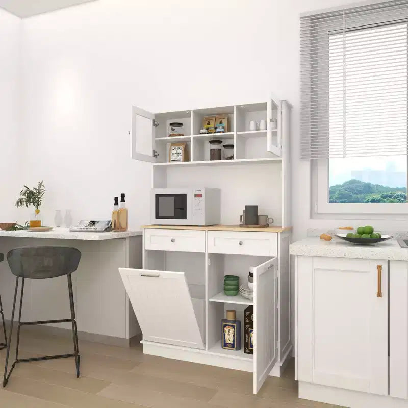 Meuble de cuisine poubelle blanc de 172 cm avec 3 étagères réglables et 2 tiroirs
