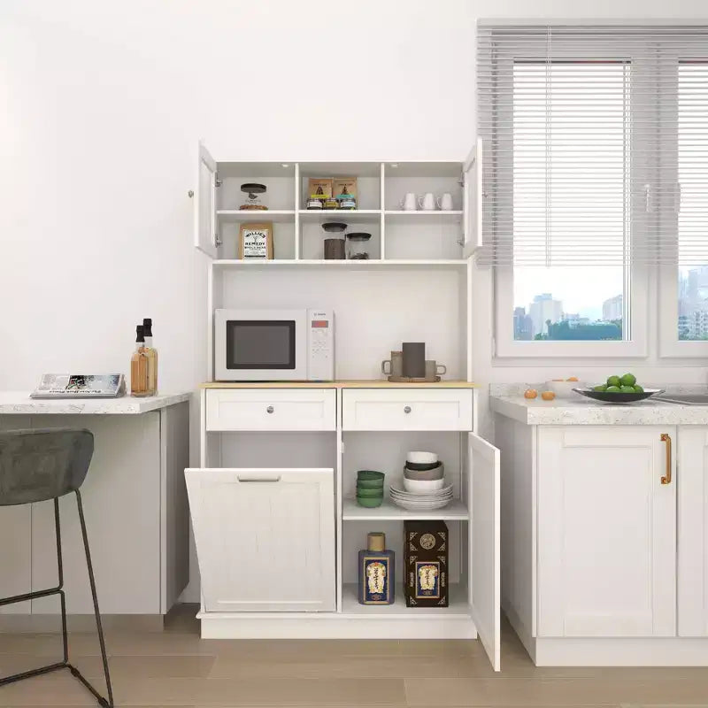 Meuble de cuisine poubelle blanc de 172 cm avec 3 étagères réglables et 2 tiroirs