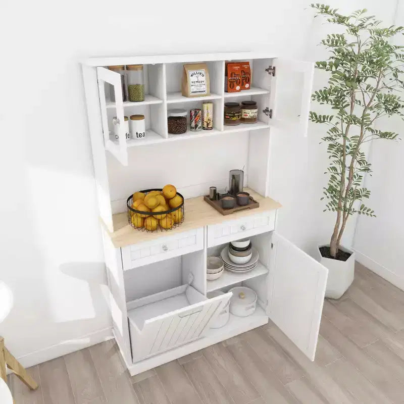 Meuble de cuisine poubelle blanc de 172 cm avec 3 étagères réglables et 2 tiroirs