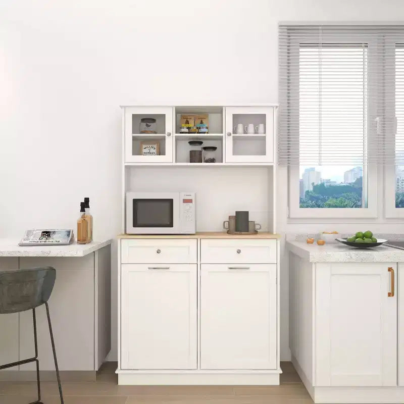 Meuble de cuisine poubelle blanc de 172 cm avec 3 étagères réglables et 2 tiroirs