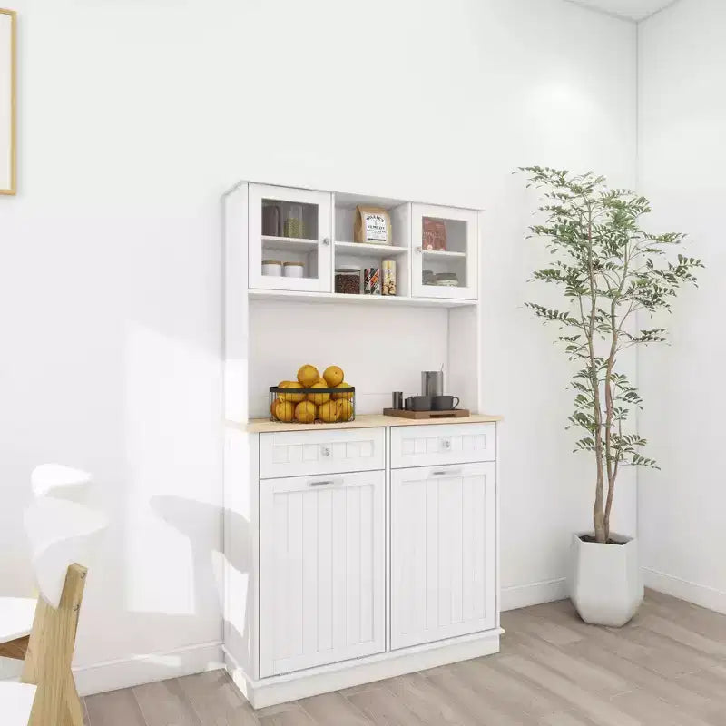 Meuble de cuisine poubelle blanc de 172 cm avec 3 étagères réglables et 2 tiroirs