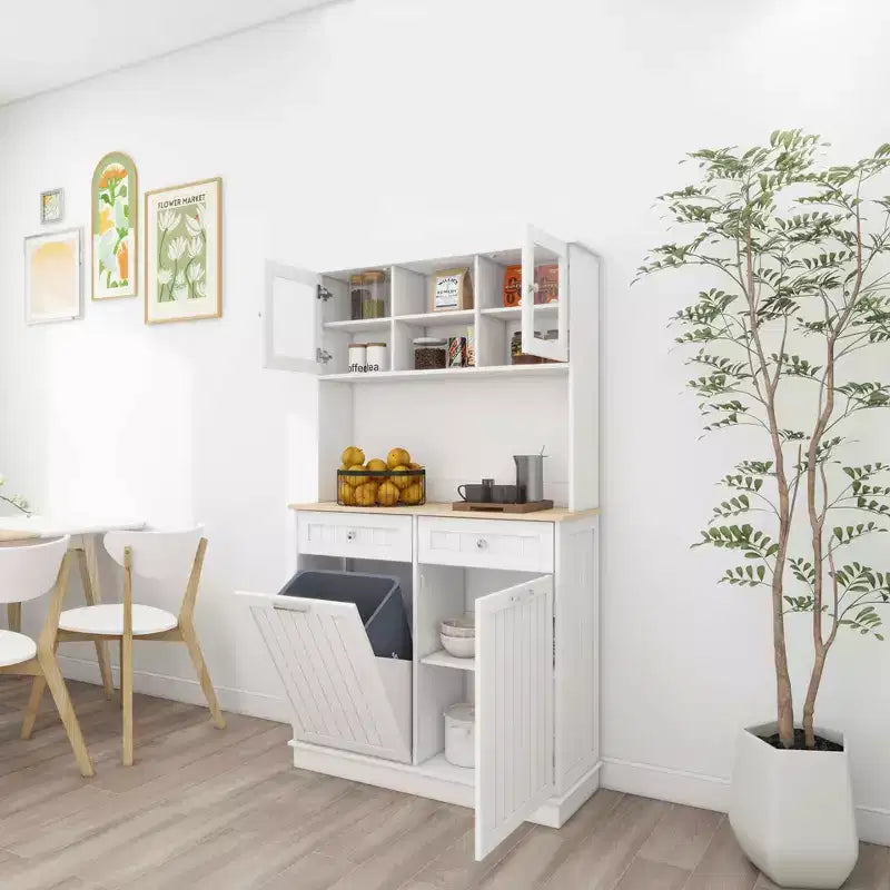 Meuble de cuisine poubelle blanc de 172 cm avec 3 étagères réglables et 2 tiroirs