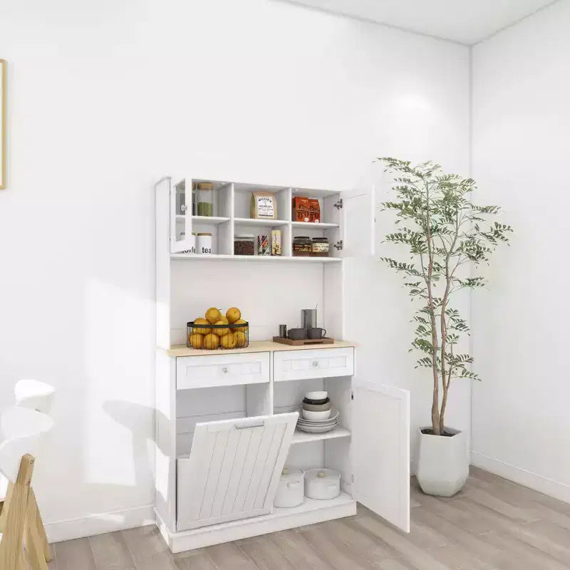 Meuble de cuisine poubelle blanc de 172 cm avec 3 étagères réglables et 2 tiroirs