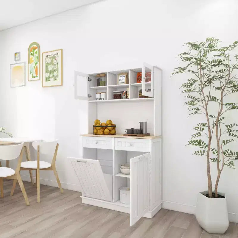 Meuble de cuisine poubelle blanc de 172 cm avec 3 étagères réglables et 2 tiroirs