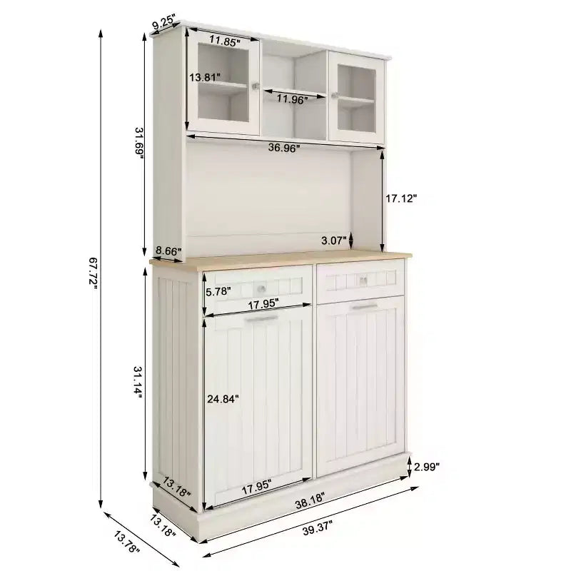 Meuble de cuisine poubelle blanc de 172 cm avec 3 étagères réglables et 2 tiroirs