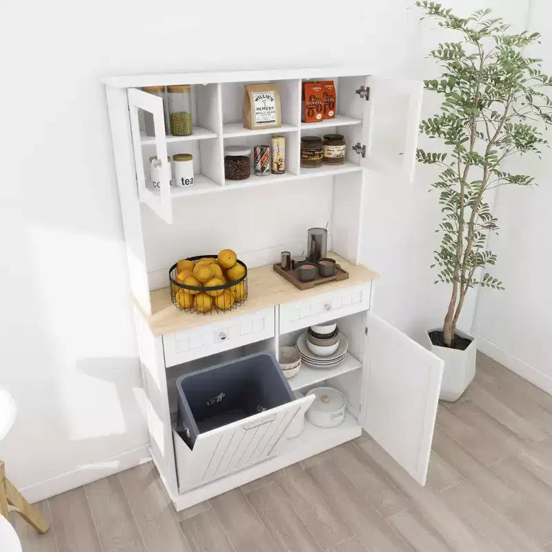 Meuble de cuisine poubelle blanc de 172 cm avec 3 étagères réglables et 2 tiroirs