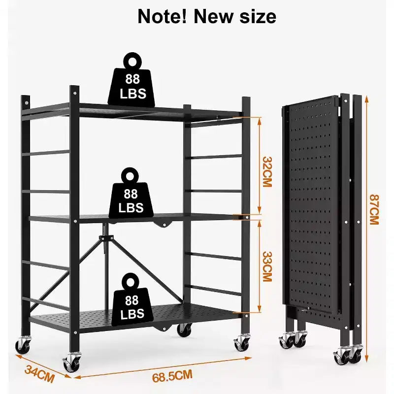 Étagère de rangement pliable – Conception à 3 niveaux, assemblage sans outils, options mobiles et fixes
