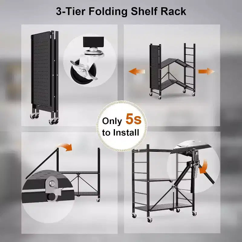 Étagère de rangement pliable – Conception à 3 niveaux, assemblage sans outils, options mobiles et fixes