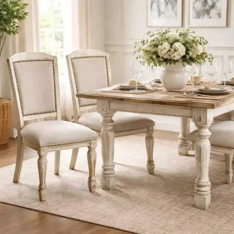 Royal Hampton Trim Fabric Upholstered Wooden Side Chair, Set of 2, Beige