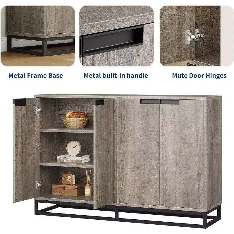 Meuble de rangement buffet de 55 pouces, crédence moderne avec base en métal, 4 portes, étagères, table d'appoint de bar à café pour cuisine, salle à manger, salon