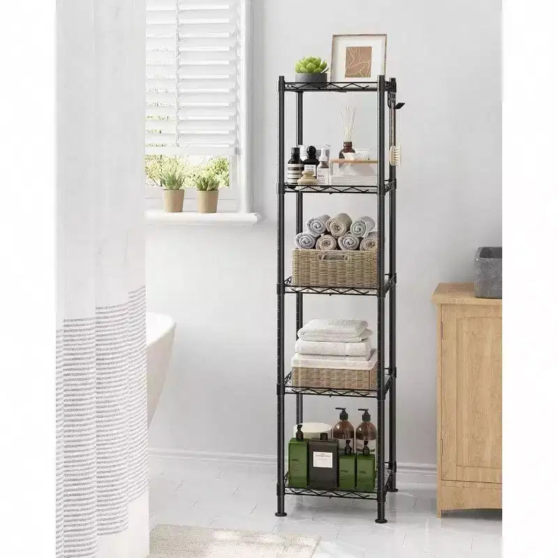 Étagère de rangement de salle de bain à 5 niveaux — télescopique, avec doublures d'étagère en PP et crochets amovibles