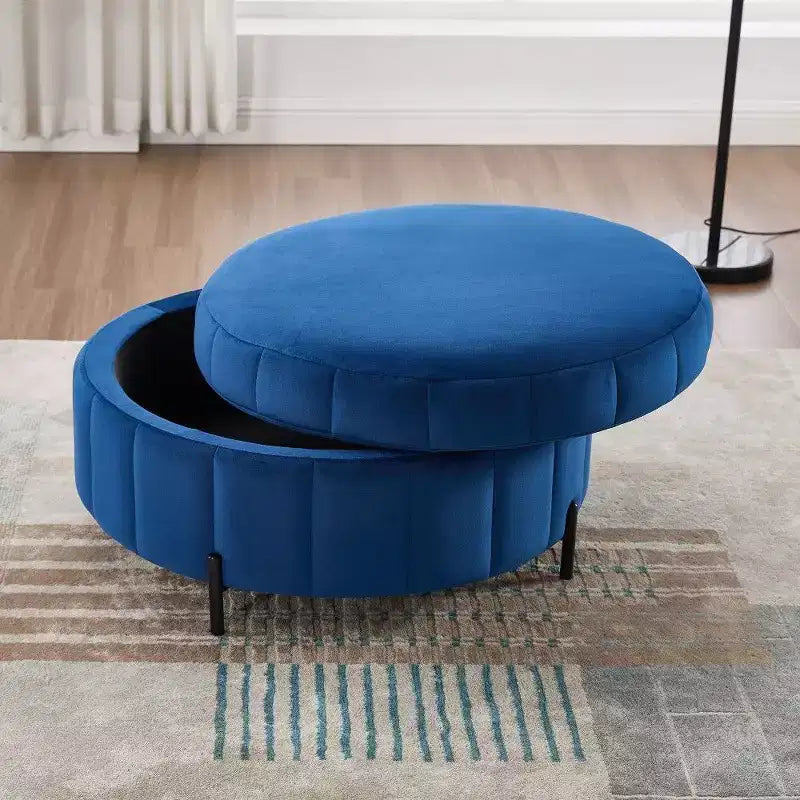 Pouf de rangement rond en velours de 31,5 pouces avec couvercle réversible