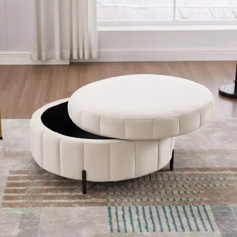 Pouf de rangement rond en velours de 31,5 pouces avec couvercle réversible