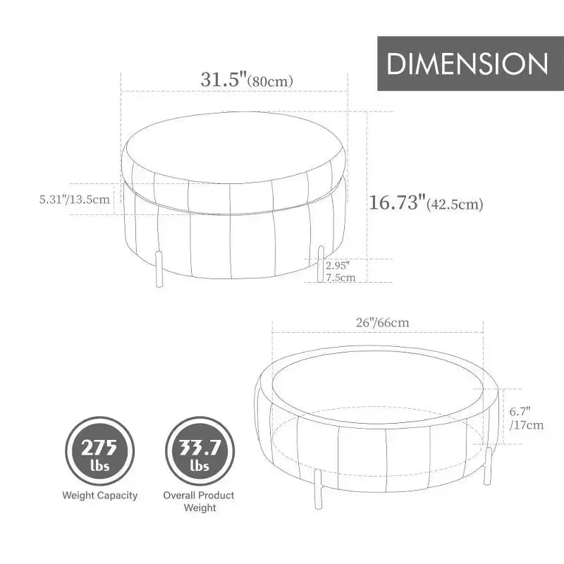 Pouf de rangement rond en velours de 31,5 pouces avec couvercle réversible