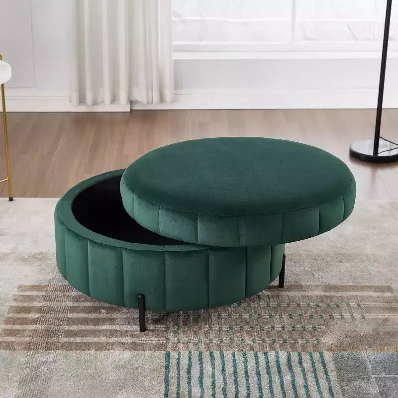 Pouf de rangement rond en velours de 31,5 pouces avec couvercle réversible