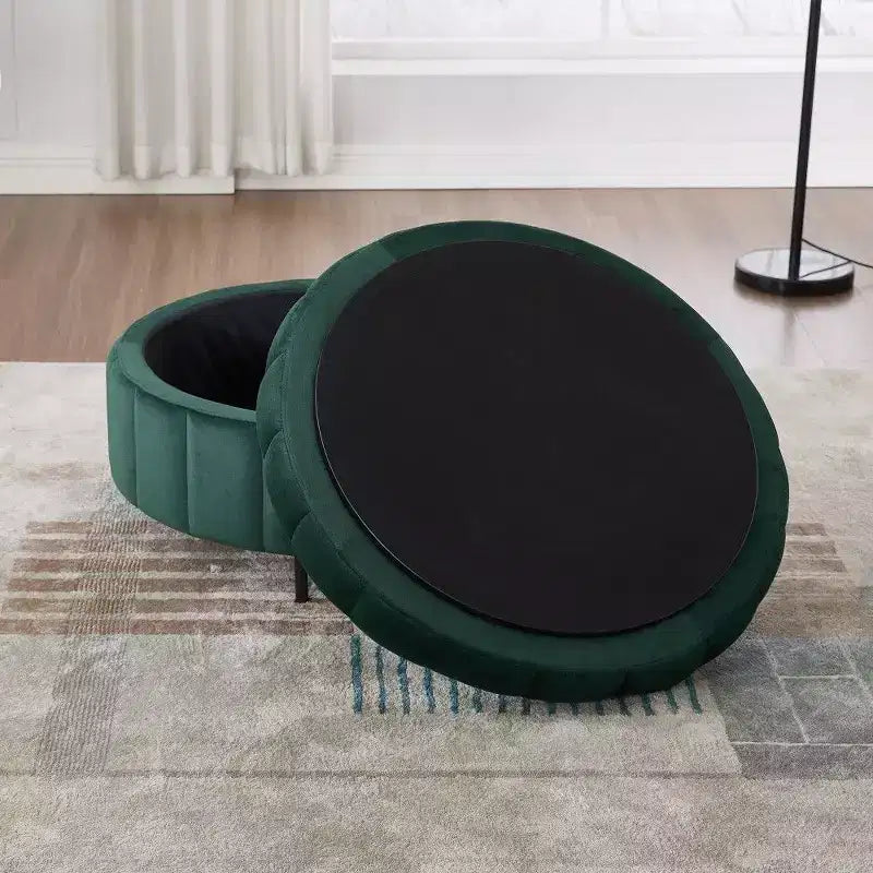 Pouf de rangement rond en velours de 31,5 pouces avec couvercle réversible