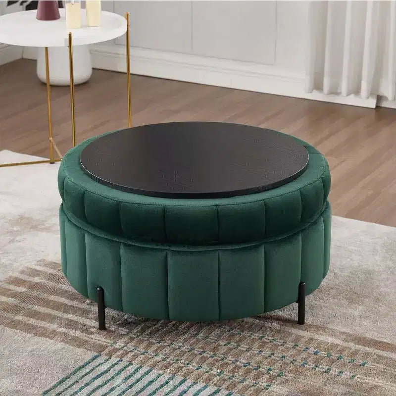 Pouf de rangement rond en velours de 31,5 pouces avec couvercle réversible