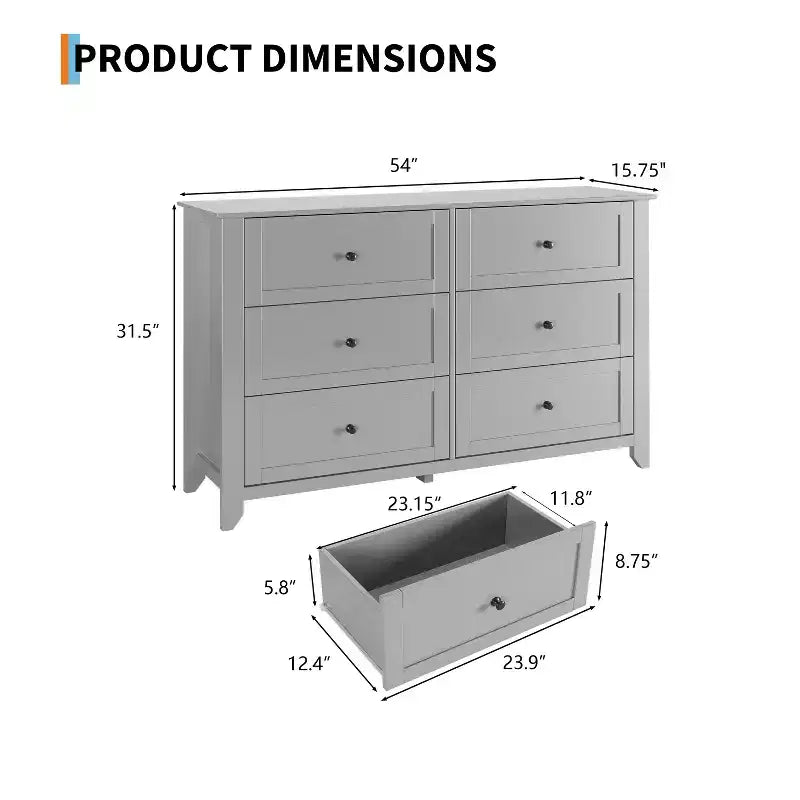 Commode de chambre moderne à 6 tiroirs – design sans poignée de 137 cm ; convient également comme meuble TV pour le salon ou l'entrée