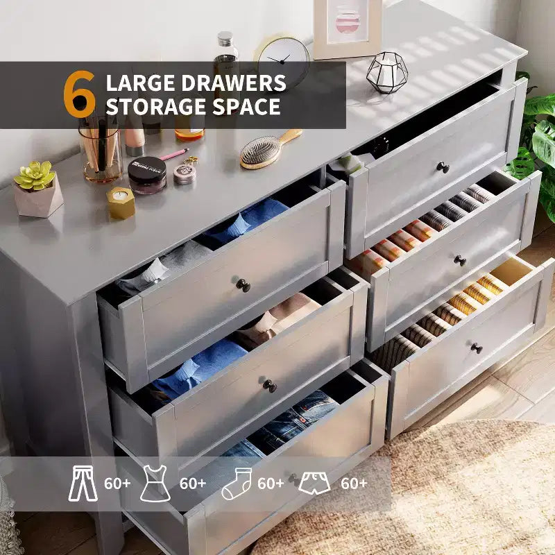 Commode de chambre moderne à 6 tiroirs – design sans poignée de 137 cm ; convient également comme meuble TV pour le salon ou l'entrée