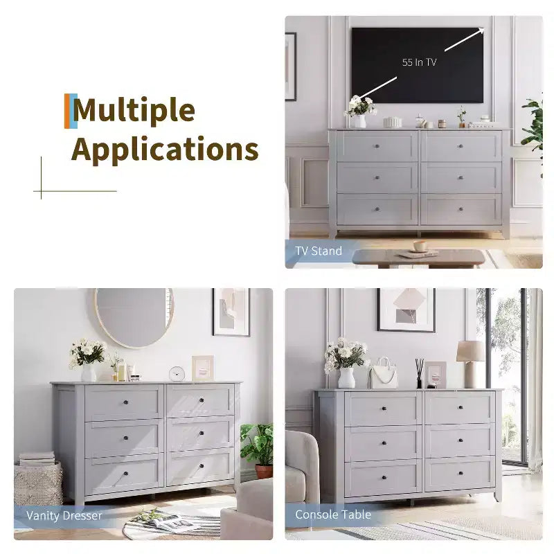 Commode de chambre moderne à 6 tiroirs – design sans poignée de 137 cm ; convient également comme meuble TV pour le salon ou l'entrée
