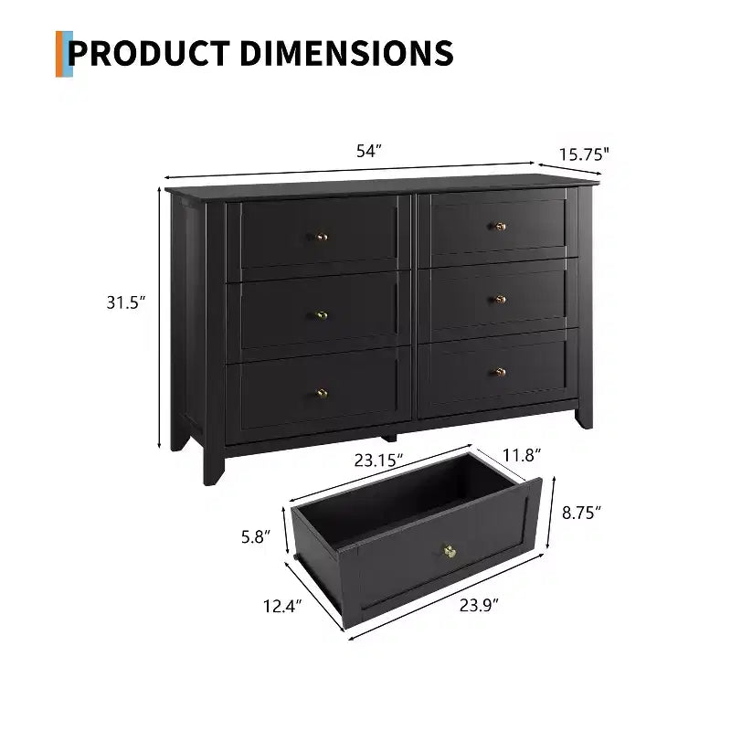 Commode de chambre moderne à 6 tiroirs – design sans poignée de 137 cm ; convient également comme meuble TV pour le salon ou l'entrée