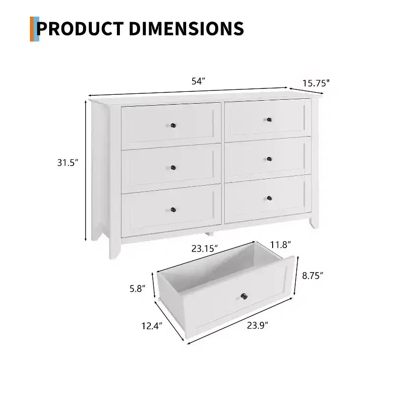 Commode de chambre moderne à 6 tiroirs – design sans poignée de 137 cm ; convient également comme meuble TV pour le salon ou l'entrée