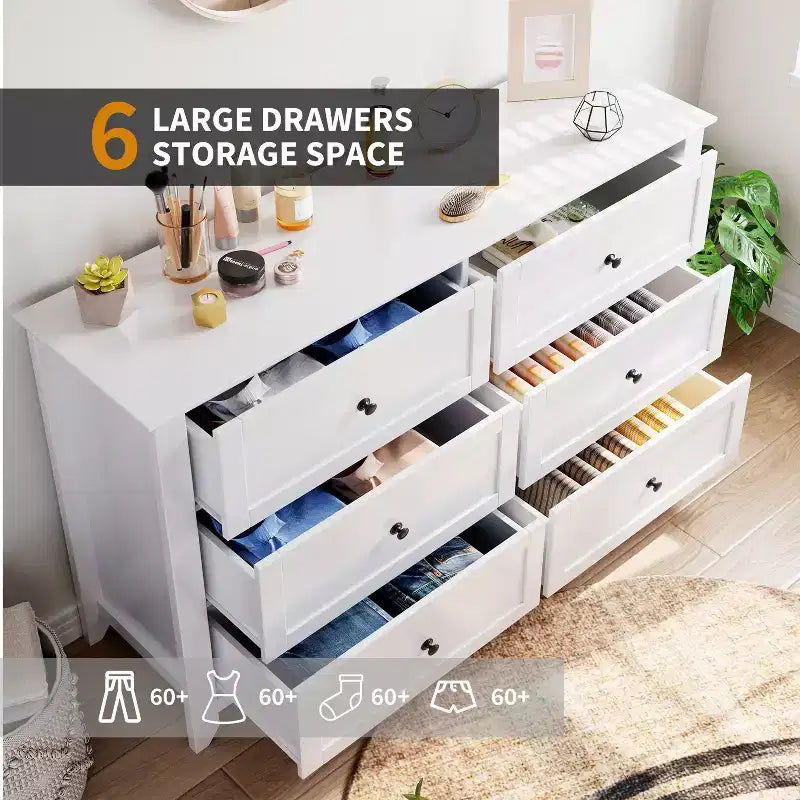 Commode de chambre moderne à 6 tiroirs – design sans poignée de 137 cm ; convient également comme meuble TV pour le salon ou l'entrée