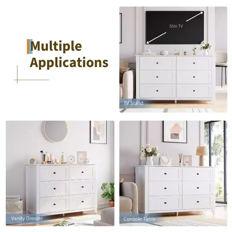Commode de chambre moderne à 6 tiroirs – design sans poignée de 137 cm ; convient également comme meuble TV pour le salon ou l'entrée