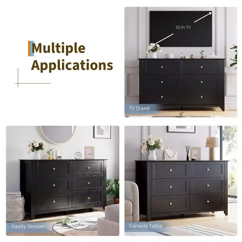 Commode de chambre moderne à 6 tiroirs – design sans poignée de 137 cm ; convient également comme meuble TV pour le salon ou l'entrée