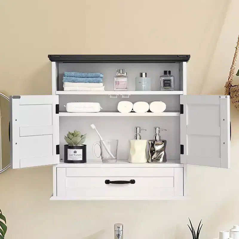 Meuble haut de salle de bain ; armoire de rangement murale/armoire à pharmacie au-dessus des toilettes, avec tiroirs et compartiments ouverts
