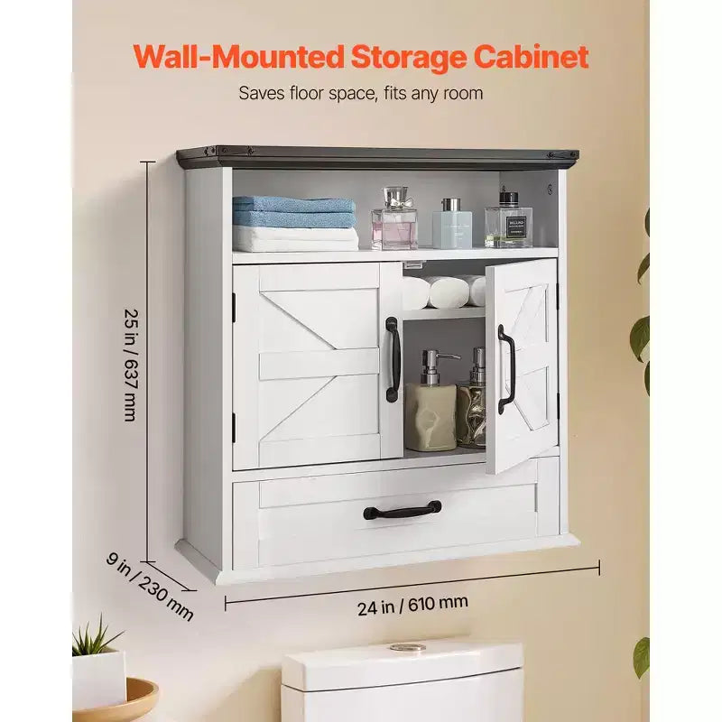Meuble haut de salle de bain ; armoire de rangement murale/armoire à pharmacie au-dessus des toilettes, avec tiroirs et compartiments ouverts