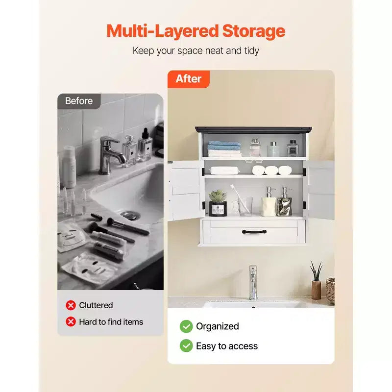 Meuble haut de salle de bain ; armoire de rangement murale/armoire à pharmacie au-dessus des toilettes, avec tiroirs et compartiments ouverts