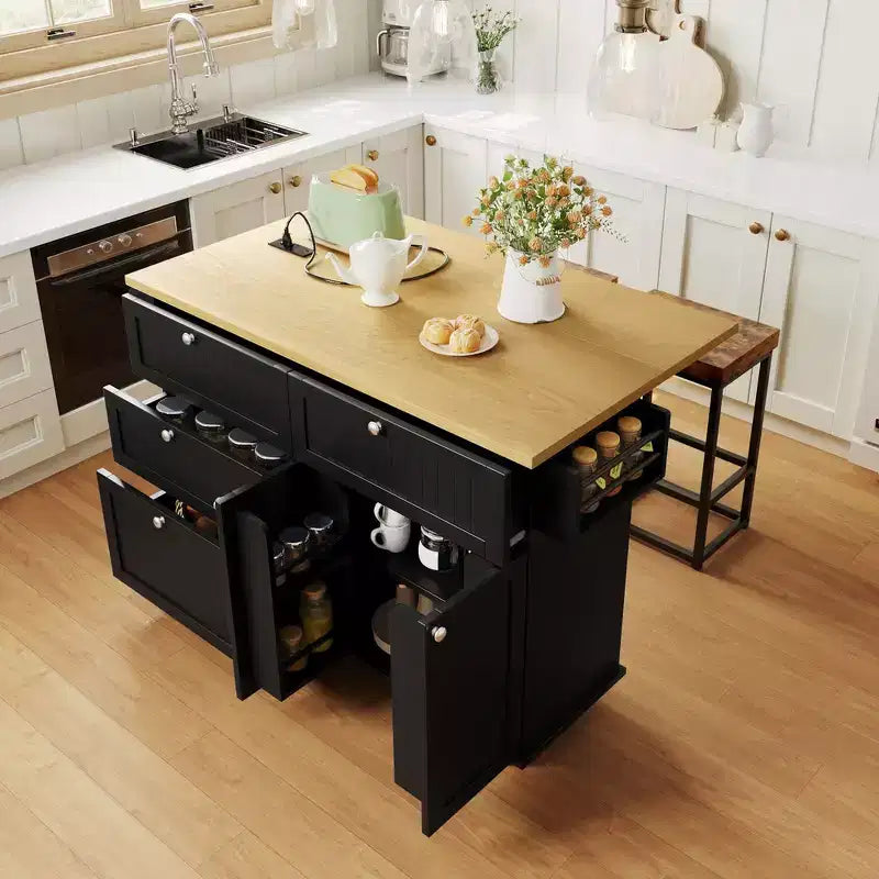 Whisen Farmhouse Kitchen Island on Wheels, Kitchen Cart Set with 2 Seatings and Storage Cabinet, Drawers